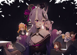  &gt;_&lt; 1boy 6+girls :d ahoge akabane_youko alcohol apron bare_shoulders beer beer_mug black_background black_choker black_dress black_hair blonde_hair blurry blush bottle breasts brown_hair choker cleavage collarbone commentary cone_hair_bun crescent crescent_hair_ornament cup dress fangs green_eyes grey_hair hair_between_eyes hair_bun hair_ornament hair_ribbon hairpin hands_up hat highres holding holding_bottle honey_strap horns japanese_clothes joe_rikiichi light_particles long_hair long_sleeves maid maid_apron maid_headdress medium_breasts mini_hat mini_person minigirl mole mole_under_mouth mug multicolored_hair multiple_girls nanashi_inc. nijisanji nose_blush one_eye_closed one_side_up open_mouth petals photoshop_(medium) purple_eyes purple_ribbon red_eyes red_ribbon ribbon rindou_mikoto setsuna_(nijisanji) sh_(shinh) skin-covered_horns sleeves_past_fingers sleeves_past_wrists smile streaked_hair suou_patra suzuka_utako takamiya_rion thick_eyebrows tilted_headwear twintails very_long_hair virtual_youtuber wide_sleeves 