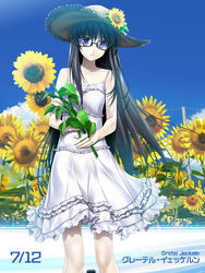  bare_shoulders beta_(muv-luv) birthday black_hair character_name cloud dated day dress female flower glasses gretel_jeckeln hat holding holding_flower long_hair looking_at_viewer muv-luv muv-luv_alternative official_art outdoors photoshop_(medium) purple_eyes schwarzesmarken sky sleeveless smile solo soyosoyo standing straw_hat sun_hat sundress sunflower utility_pole very_long_hair white_dress 