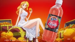  alone breasts commercial dress fanta female female holding long_hair nami_(one_piece) one_piece orange orange_hair sitting smile thighs treasure 