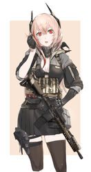  40mm_grenade assault_rifle bandana black_bra bra breasts cleavage commentary eotech female flashlight fpdlenl011 girls&#039;_frontline gloves gun hair_between_eyes hand_on_own_hip highres holster jacket load_bearing_equipment long_hair looking_at_viewer m4_carbine m4_sopmod_ii m4_sopmod_ii_(girls&#039;_frontline) magazine_(weapon) magpul mechanical_arms multicolored_hair muzzle_device oerba_yun_fang open_clothes open_jacket open_mouth photoshop_(medium) pink_hair playing_with_own_hair pouch prosthesis prosthetic_arm red_eyes red_hair rifle sidelocks single_mechanical_arm skindentation sleeves_rolled_up solo streaked_hair thighhighs underwear weapon 