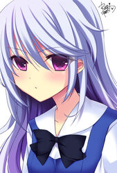  black_bow black_bowtie bow bowtie collarbone commentary_request female grisaia_(series) grisaia_no_kajitsu hairbow highres kazami_kazuki long_hair looking_at_viewer purple_eyes signature silver_hair simple_background solo tamaki_rina upper_body white_background 