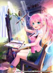  2015 absurdres ahoge aqua_eyes artist_name chair commentary easel female flower headphones highres light_rays long_hair looking_at_viewer md5_mismatch open_mouth paintbrush painting_(action) pink_hair ponytail resolution_mismatch shoonia sitting skirt solo source_smaller sunbeam sunlight uni_(vocaloid) vocaloid 