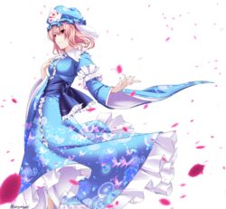  absurdres aono_meri bad_id bad_pixiv_id blue_dress dress female floral_print frills hat highres japanese_clothes kimono long_sleeves looking_away mob_cap obi petals pink_hair puffy_sleeves red_eyes ribbon saigyouji_yuyuko sash short_hair simple_background smile solo touhou triangular_headpiece twitter_username veil white_background wide_sleeves 