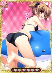  ass bikini black_bikini black_ribbon brown_eyes brown_hair card_(medium) female grisaia_(series) grisaia_no_kajitsu hair_ribbon irisu_makina looking_at_viewer open_mouth ribbon short_hair solo swimsuit 