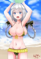  armpits arms_up artist_name beach beachball bikini bikini_skirt blue_eyes blush bow braid breasts bursting_breasts chibi_yawawa cloud female hair_ornament holding kizuna_akari large_breasts long_hair looking_at_viewer navel ocean open_mouth outdoors silver_hair sky solo standing striped striped_bikini swimsuit twintails voiceroid water 