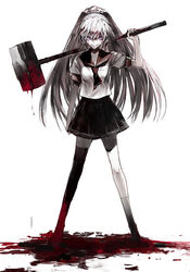  akuma_no_riddle asymmetrical_legwear banba_shin&#039;ya black_legwear blood blood_on_face blood_on_weapon commentary_request crazy_smile female grey_hair grin long_hair mallet minakata_sunao neckerchief official_art photoshop_(medium) ponytail pool_of_blood puffy_short_sleeves puffy_sleeves purple_eyes scar school_uniform serafuku shirt short_sleeves single_thighhigh skirt smile solo thighhighs uneven_legwear very_long_hair weapon 