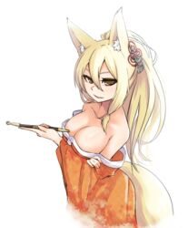  animal_ears bad_id bad_twitter_id blonde_hair breast_hold breasts brown_eyes cleavage female fox_ears fox_tail hair_ornament japanese_clothes kimono kiseru large_breasts long_hair looking_at_viewer off_shoulder orange_kimono sakura_inu sidelocks smile smoking_pipe solo tail white_background yukata yuujo 