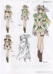  blonde_hair blue_eyes boots breasts bridal_garter cleavage cleavage_cutout clothing_cutout concept_art dress elbow_gloves elf elwing feathers female frills gloves hairband head_wings highres line_art long_hair long_legs looking_at_viewer miniskirt multiple_views pointy_ears reference_sheet shining_(series) shining_tears shining_wind simple_background skirt smile thigh_strap thighs tony_taka translation_request wings 