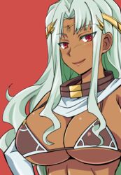  akari_seisuke armor bikini_armor breasts circlet commentary_request daniella_(sennen_sensou_aigis) dark-skinned_female dark_skin female large_breasts light_green_hair long_hair looking_at_viewer red_background red_eyes sennen_sensou_aigis smile solo upper_body 