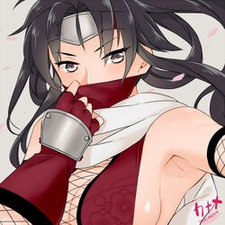  armpits artist_name bad_id bad_pixiv_id black_hair breasts character_name female fingerless_gloves forehead_protector gloves headband kaname_(sennen_sensou_aigis) large_breasts long_hair lowres mask miniru mouth_mask ninja scarf sennen_sensou_aigis sideboob solo upper_body yellow_eyes 