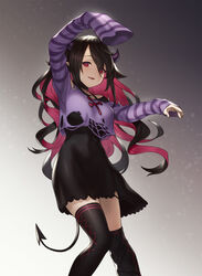  arms_up asymmetrical_clothes bags_under_eyes black_dress black_hair black_thighhighs breasts collar commentary demon_girl demon_horns demon_tail dress female gradient_background grey_background highres horns houtengeki light_smile long_hair looking_at_viewer medium_breasts multicolored_hair nijisanji outstretched_arms pale_skin pink_hair pointy_ears purple_shirt raised_eyebrows red_eyes shirt skirt sleeves_past_fingers sleeves_past_wrists smile solo standing striped_clothes striped_shirt tail thighhighs torn_clothes torn_shirt torn_skirt two-tone_hair virtual_youtuber wavy_hair white_background yamiyono_moruru yamiyono_moruru_(1st_costume) zettai_ryouiki 