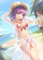  1boy abs arms_up beach bikini breasts brown_bikini brown_eyes commentary covered_nipples cup day dutch_angle emiya_shirou fate/stay_night fate_(series) female front-tie_bikini_top front-tie_top hair_between_eyes hat highres holding holding_cup hood hoodie long_hair matou_sakura medium_breasts navel ocean open_clothes open_hoodie outdoors palm_tree parted_lips purple_hair red_hair sarong sayika see-through sidelocks solo_focus standing straw_hat sun_hat swimsuit thighs tree umbrella 