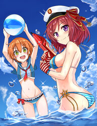  2girls ball beachball bikini commentary_request day fingerless_gloves frilled_bikini frills gloves hat highres hoshizora_rin love_live! love_live!_school_idol_project multiple_girls nishikino_maki okutomi_fumi orange_hair peaked_cap purple_eyes red_hair revision sailor_bikini sailor_collar short_hair striped_bikini striped_clothes swimsuit water_gun yellow_eyes 