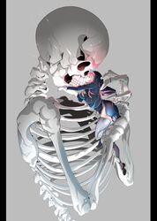  absurdres ass black_thighhighs breasts closed_eyes commentary endou_(zettai_bluenoid) female garter_straps gloves habit highres kissing kissing_skull large_breasts long_hair megurine_luka nun pink_hair project_diva_(series) silence_(module) skeleton skull solo thighhighs vocaloid white_gloves 