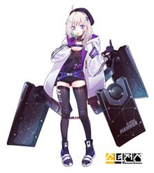  aa-12_(girls_frontline) absurdres ahoge baggy_clothes bags_under_eyes bangs belt black_hat black_legwear black_shorts black_sweater blue_eyes boots breasts candy choker cleavage clothes_writing coat commentary_request exoskeleton eyebrows_visible_through_hair food full_body girls_frontline gloves hair_ornament hat highres holding holding_food hood hood_down hooded_coat knee_pads light_particles logo lollipop long_hair looking_at_viewer medium_breasts middle_finger open_clothes open_coat parted_lips pinky_out ribbed_sweater shield short_shorts shorts sidelocks silver_hair simple_background solo star star_hair_ornament strap sweater thighhighs trigger_discipline unzipped urim_(paintur) weapon white_background zipper zipper_pull_tab 