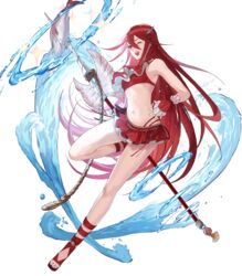  armpits bare_shoulders bikini bikini_skirt breasts cordelia_(fire_emblem) cordelia_(summer)_(fire_emblem) female fingerless_gloves fingernails fire_emblem fire_emblem_awakening fire_emblem_heroes fish full_body gloves hair_ornament high_heels highres holding holding_weapon leg_up long_hair looking_at_viewer mayo_(becky2006) navel non-web_source official_art one_eye_closed open_mouth polearm red_eyes red_hair rope sandals sidelocks small_breasts smile solo sparkle spear swimsuit toeless_footwear transparent_background very_long_hair water weapon 