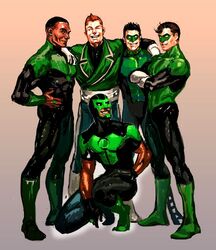  black_hair bodysuit dark_skin dc_comics gloves gradient gradient_background green_eyes green_lantern green_lantern_(series) guy_gardner hal_jordan john_stewart kyle_rayner mask multiple_boys orange_hair ring simon_baz 