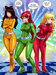  3girls alex_(totally_spies) alternate_costume belt black_hair blake_belladonna blonde blonde_hair bodysuit boots breasts circlet clothing clover_(totally_spies) cosplay crossover english_text female handwear high_heel_boots high_heels high_ponytail jadenkaiba knee_boots latex latex_suit lineup long_hair looking_at_viewer multiple_girls ponytail pyrrha_nikos red_hair rwby sam_(totally_spies) skin_tight tagme text totally_spies yang_xiao_long 