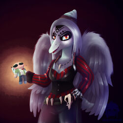  1:1 2025 absurd_res alternate_costume amber_eyes anon_(snoot_game) anthro biped black_clothing blue_body bodypaint bone_frill bottomwear breasts by:_muun cavemanon_studios claws clothed clothed_anthro clothed_female clothing colored denim denim_bottomwear denim_clothing face_paint fang_(gvh) feathered_wings feathers female finger_claws fingers frill_(anatomy) front_view goodbye_volcano_high green_clothing green_jacket green_topwear grey_body grey_feathers grey_hair hair half-length_portrait halloween hand_on_hip hi_res holidays humanoid_hands jacket jeans jewelry ko_op_(game_developer) long_hair looking_at_viewer markings medium_breasts necklace non-mammal_breasts open_mouth open_smile pants portrait pose prehistoric_species pterodactylus pterosaur reptile scalie shaded shirt simple_background smile snoot_game solo spotlight_beam striped_markings stripes topwear white_clothing white_shirt white_topwear wings 