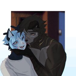  antennae_(anatomy) anthro black_body black_fur black_nose blue_body blue_fur bodily_fluids bodypaint camotinhio duo face_paint facial_piercing fur hi_res male male/male multicolored_body multicolored_fur piercing pink_eyes pink_nose sarin_(camotinhio) shirtless simple_background smile smiling_at_another smiling_at_partner sweat sweatdrop tongue tongue_out unknown_species yellow_eyes 