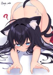  ? animal_ear_fluff animal_ears artist_name black_hair blue_eyes cat_ears cat_girl cat_tail closed_mouth commentary_request crossed_bangs female long_hair original paid_reward_available panties signature solo tail top-down_bottom-up underwear usagimiko white_panties 