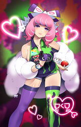  1girls absurdres bare_shoulders big_breasts blush bow breasts cleavage collarbone commentary drill_hair female flipped_hair game_freak gloves hair_ornament hairbow half-closed_eyes heart highres holding holding_poke_ball jacket klara_(pokemon) large_breasts lipstick makeup mole mole_under_mouth nintendo off_shoulder open_clothes open_jacket pink_hair pink_lips poke_ball poke_ball_(basic) pokemon pokemon_ss print_shirt print_shorts print_thighhighs purple_eyes shaded_face shirt short_hair short_shorts shorts sideboob single_glove sleeveless sleeveless_shirt smile solo standing thighhighs tm_(hanamakisan) twin_drills 