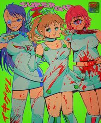  3girls artist_logo asymmetrical_hair babibu_baby belt blonde_hair blood blood_on_clothes blood_on_face blood_on_knife blood_splatter blue_eyes blue_hair boxcutter closed_mouth commentary cyclops dress extra_eyes feet_out_of_frame fingerless_gloves gloves green_background green_eyes grin group_name hands_up highres holding holding_boxcutter holding_knife ichigou_(ikigusare) ikigusare kneehighs knife long_hair midriff multiple_faces multiple_girls multiple_mouths navel nigou_(ikigusare) one-eyed open_mouth red_eyes red_hair reverse_grip sangou_(ikigusare) short_dress short_hair short_shorts shorts side_ponytail sidecut simple_background sleeveless sleeveless_dress smile socks standing stitched_face stitches thighhighs turtleneck turtleneck_dress undercut uneven_eyes v white_belt white_dress white_shorts white_thighhighs 