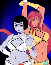  2girls armlet armpits arms_up athletic bangs bare_arms bare_midriff bare_shoulders belly big_breasts black_hair bracelet breasts busty chubby cleavage cleavage_cutout cosplay crop_top dc dc_comics dirty_pair erection eyelashes eyeliner eyeshadow female female_only gloves green_eyes kei_(dirty_pair)_(cosplay) lipstick long_hair makeup mascara nail_polish navel nipple_bulge orange_skin pale-skinned_female pale_skin pinup pose posing purple_eyes rachel_roth raven_(dc) red_hair short_hair short_shorts standing starfire straight_hair tagme teen_titans triplexmile uncensored very_long_hair wide_hips yuri_(dirty_pair)_(cosplay) 