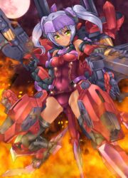  absurdres bare_shoulders blush breasts dark-skinned_female dark_skin derivative_work female fire frame_arms_girl green_eyes grey_hair gun headgear highres hresvelgr_rufus looking_at_viewer mecha_musume medium_breasts oooqqq redrawn school_swimsuit smile solo swimsuit thighhighs twintails weapon 