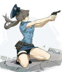  aiming bare_arms belt belt_pouch bike_shorts bike_shorts_under_skirt black_footwear blue_hat blue_shirt blue_sky breast_pocket breasts crack cracked_floor female finger_on_trigger floating_hair from_side full_body grey_hair gun handgun hat hat_loss head_tilt high_heels highres holding holding_gun holding_weapon kimura_731 kneeling long_hair looking_ahead miniskirt original outstretched_arms pencil_skirt pocket police police_hat police_uniform policewoman ponytail pouch revolver s&amp;w_m10 shirt short_sleeves skindentation skirt sky small_breasts solo sweat thigh_strap undershirt uniform unworn_hat unworn_headwear upskirt weapon white_background yellow_eyes 