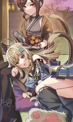  2girls :d absurdres ahoge animal_ears bare_shoulders black_pantyhose black_thighhighs blonde_hair brown_gloves brown_hair cat_ears cat_tail chiori_(genshin_impact) commentary_request detached_sleeves genshin_impact gloves green_eyes grey_kimono haori highres japanese_clothes kimono kirara_(genshin_impact) leg_warmers long_hair long_sleeves looking_at_viewer lying miniskirt multiple_girls multiple_tails narahazime on_side open_clothes open_mouth pantyhose short_kimono short_sleeves sidelocks skirt smile tail thighhighs thighhighs_over_pantyhose thighs two_tails 