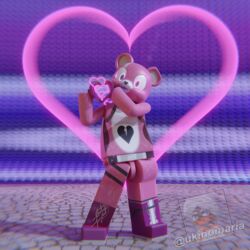  1:1 3d_(artwork) animal_mask clothing costume cuddle_team_leader digital_eyes digital_media_(artwork) epic_games female fortnite fursuit gesture hand_heart heart_symbol heterochromia hi_res human lego lego_minifigure mammal mask pink_clothing pink_eyes purple_eyes purple_tongue solo tongue tongue_out ukinomaria 