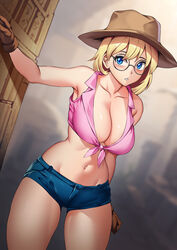  blonde_hair blue_eyes breasts brown_gloves collarbone denim denim_shorts female gina_diggers glasses gloves gold_digger hadant hat highres large_breasts navel round_eyewear ruins short_shorts shorts sleeveless solo variant_set 