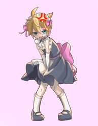  1boy ahoge alternate_costume anger_vein apron aqua_eyes back_bow black_footwear blonde_hair blush bow crossdressing elbow_gloves enmaided gloves hair_between_eyes hair_ribbon kagamine_len maid maid_apron male_focus open_mouth pink_background pink_bow pink_ribbon ribbon short_hair short_ponytail simple_background socks solo urin_(coconuts3252) vocaloid white_gloves white_socks wind 