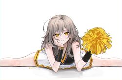  ahoge alternate_costume bare_legs bare_shoulders black_shirt cheerleader elbow_rest feet_out_of_frame female flexible grey_hair hand_on_own_face hands_up head_on_hand head_rest highres holding holding_pom_poms honkai:_star_rail honkai_(series) leaning_forward long_hair looking_at_viewer miniskirt pom_pom_(cheerleading) rity shirt simple_background skirt sleeveless sleeveless_shirt solo split stelle_(honkai:_star_rail) straddle_split trailblazer_(honkai:_star_rail) v-neck white_background white_skirt yellow_eyes 