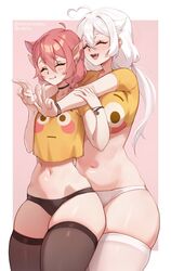  2girls absurdres black_panties black_thighhighs blush border breasts collaboration ebi_(idamaria) emoji english_commentary flushed_face_emoji flushed_face_emoji_shirt_(meme) hair_between_eyes highres hug hug_from_behind idamaria iwbitu large_breasts long_hair meme multiple_girls navel nyopu original panties pink_background plump pointy_ears simple_background smile thick_thighs thighhighs thighs twitter_username underwear white_border white_hair white_panties yuri 