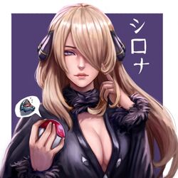  absurdres black_coat blonde_hair breasts cleavage closed_mouth coat cynthia_(pokemon) fangs female fur-trimmed_coat fur-trimmed_sleeves fur_collar fur_trim gible grey_eyes hair_ornament hair_over_one_eye highres holding holding_poke_ball large_breasts long_hair long_sleeves looking_at_viewer mikey_pie open_mouth poke_ball poke_ball_(basic) pokemon pokemon_(creature) pokemon_dppt sharp_teeth simple_background teeth tongue 