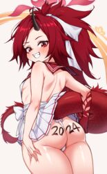  2024 ass black_horns blue_archive blush body_writing breasts chinese_zodiac cleanerjay cowboy_shot dragon_girl dragon_horns dragon_tail female from_behind halo hand_on_own_thigh highres horns long_hair panties pleated_skirt ponytail red_eyes red_hair red_halo red_sailor_collar red_tail renge_(blue_archive) sailor_collar school_uniform serafuku simple_background single_horn skirt small_breasts solo tail underwear white_background white_panties white_skirt year_of_the_dragon 