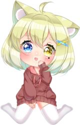  ahoge animal_ear_fluff animal_ears blonde_hair blue_eyes blush cat_ears commentary deformed deviantart_logo english_commentary eyelashes female gift_art hand_on_own_cheek hand_on_own_face heterochromia hood hood_down hoodie long_sleeves looking_at_viewer marking_on_cheek no_shoes nyahallo oerba_yun_fang open_mouth original oversized_clothes pink_hood puffy_long_sleeves puffy_sleeves red_hoodie red_sleeves short_hair sitting skin_fang sleeves_past_wrists smile solo star_(symbol) star_on_cheek thighhighs transparent_background wariza white_thighhighs yellow_eyes 