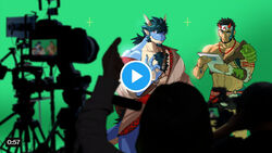  anothereidos_of_dragon_vein_r anthro blue_body blue_hair blue_scales body_hair camera chest_hair clothing duo exposed_shoulder facial_hair folker_(anothereidos_r) goatee green_screen hair horn male maou-abutan muscular muscular_arms muscular_male pecs ponytail recording_video red_eyes robe scales sideburns smile tail_hair tan_body tan_scales 