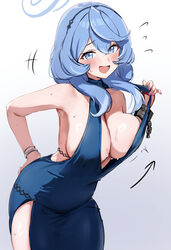  absurdres adjusting_dress ako_(blue_archive) ako_(dress)_(blue_archive) areola_slip armpits arrow_(symbol) backless_dress backless_outfit blue_archive blue_dress blue_eyes blue_hair blue_halo blush bracelet breasts cleavage commentary_request cuffs dress earrings female flying_sweatdrops gradient_background grey_background hair_between_eyes hairband halo hand_on_own_ass highres jewelry large_breasts leaning_forward lifting_own_clothes looking_at_viewer mochitsuki_karen motion_lines multiple_bracelets official_alternate_costume open_mouth plunging_neckline purple_nails shackles side_slit sideboob sideless_dress simple_background single_handcuff sleeveless sleeveless_dress smile solo standing strap_lift strap_pull sweat tongue white_background 