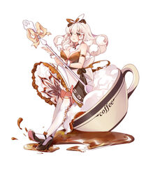  armlet bare_shoulders black_footwear bow breasts brown_bow brown_dress brown_eyes brown_theme chinese_commentary cleavage closed_mouth coffee coffee_mug commentary cross-laced_clothes cuisine_dimension cup curly_hair dress female floral_print footwear_bow frilled_skirt frills full_body hairbow high_heels holding holding_polearm holding_weapon latte_coffee_(cuisine_dimension) leaning_on_object light_smile long_hair looking_at_viewer mug natie_(latte) official_art polearm ribbon-trimmed_legwear ribbon_trim simple_background skirt sleeveless sleeveless_dress solo spilling splashing strapless strapless_dress tachi-e thighhighs weapon whipped_cream white_background white_hair white_thighhighs wrist_cuffs yellow_bow 