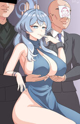  2boys absurdres ako_(blue_archive) ako_(dress)_(blue_archive) bare_shoulders blue_archive blue_dress blue_eyes blue_hair blue_halo blue_necktie bracelet breast_hold breasts business_suit chains character_request closed_mouth commentary_request cuffs doodle_sensei_(blue_archive) drawing_(object) dress earrings faceless faceless_male female finger_to_mouth gradient_hair grey_jacket grey_pants halo halter_dress halterneck highres jacket jewelry korean_commentary large_breasts light_smile long_hair majinmallow meme multicolored_hair multiple_boys necktie no_panties official_alternate_costume pants paper plunging_neckline sensei_(blue_archive) servants_holding_aphrodite&#039;s_breasts_(meme) shackles shuumatsu_no_valkyrie side_slit sideboob sideless_dress sitting sleeveless sleeveless_dress stud_earrings suit white_hair 