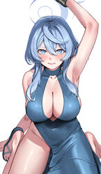  ako_(blue_archive) ako_(dress)_(blue_archive) arm_support arm_up armpits backless_dress backless_outfit blue_archive blue_dress blue_eyes blue_hair blue_halo blush breasts cleavage cuffs deras dress feet female grimace hair_between_eyes halo highres jewelry kneeling large_breasts legs_apart lips looking_at_viewer medium_hair no_panties official_alternate_costume plunging_neckline presenting_armpit sandals shackles shoes side_slit sideboob sideless_dress simple_background single_handcuff single_shoe sitting sleeveless sleeveless_dress solo sweat wariza white_background 