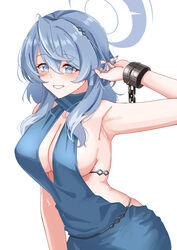  absurdres ako_(blue_archive) ako_(dress)_(blue_archive) armpits blue_archive blue_dress blue_eyes blue_hair blue_halo blush breasts chains cleavage cuffs dress female grin hair_between_eyes halo highres large_breasts long_hair official_alternate_costume plunging_neckline rynn_(darknescorez) simple_background sleeveless sleeveless_dress smile solo white_background 