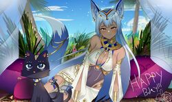  absurdres animal_ears armlet bare_shoulders blue_bow blue_eyes blue_sky bow breasts brown_eyes cleavage closed_mouth cloud covered_navel detached_sleeves earrings egyptian egyptian_clothes feline female gold_bracelet grey_hair happy_birthday highres indie_virtual_youtuber jewelry large_breasts long_hair nairu_nirvana paw_print pillow plant sky solo specterehd tail tail_bow tail_ornament tan thumbs_up usekh_collar virtual_youtuber 