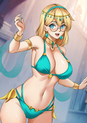  :d armlet blonde_hair blue_eyes bracelet breasts collar collarbone dancer earrings female gina_diggers glasses gold_digger hadant hairband highres hypnosis jewelry large_breasts mind_control nail_polish navel open_mouth revealing_clothes ringed_eyes round_eyewear sleeveless smile solo variant_set 