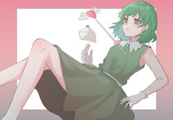  absurdres arrow_(projectile) arrow_through_heart belt blush border collared_dress commentary_request dress envelope feet_out_of_frame female floating floating_hair floating_object gloves gradient_border green_dress green_eyes green_hair heart heart_arrow highres iyowa_girls knees_up kurubushi_(ankle_ancle) looking_ahead love_letter medium_hair open_mouth outside_border pink_border raised_eyebrows simple_background sleeveless sleeveless_dress solo tabun_owari_(vocaloid) tawari_(iyowa) tearing_up vocaloid white_background white_belt white_gloves 