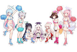  1boy 6+girls ;d absurdly_long_hair absurdres ahoge alternate_costume alternate_hairstyle angel_wings animal_ear_fluff animal_ears aqua_hair aris_(blue_archive) arm_up armpits arms_behind_back binoculars black_hair blue_archive blue_eyes blunt_bangs blurry blush braid breasts brown_hair cheerleader cleavage colored_inner_hair commentary_request cross_hair_ornament demon_girl demon_horns demon_wings depth_of_field detached_collar doodle_sensei_(blue_archive) extra_ears feathered_wings fox_ears fox_girl fox_hair_ornament fox_tail french_braid general_student_council_president_(blue_archive) gloves grey_hair hair_between_eyes hair_ornament hair_over_one_eye hair_scrunchie hairclip halo highres hina_(blue_archive) holding holding_binoculars holding_pom_poms horns izuna_(blue_archive) kneeling leaning_forward long_hair long_hair_between_eyes looking_at_another looking_at_viewer medium_hair mika_(blue_archive) millennium_cheerleader_outfit_(blue_archive) multicolored_hair multiple_girls navel nodoka_(blue_archive) official_alternate_hairstyle okazakileo on_one_knee one_eye_closed one_side_up parted_bangs pink_hair pleated_skirt pom_pom_(cheerleading) ponytail purple_eyes red_eyes roller_skates scrunchie sensei_(blue_archive) shiroko_(blue_archive) sidelocks simple_background single_braid sitting sitting_on_lap sitting_on_person size_difference skates skirt smile standing standing_on_one_leg stomach tail two-tone_hair very_long_hair wavy_hair white_background white_gloves white_hair white_wings wings wolf_ears wolf_girl yellow_eyes 