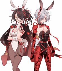  2girls android animal_ears arms_at_sides bad_id bad_pixiv_id black_cape black_choker black_hair black_leotard black_nails breasts cape choker cleavage closed_mouth detached_collar earrings eyeliner fake_animal_ears feet_out_of_frame floral_print fulgur_ovid genderswap_(mtf) grey_eyes grey_hair hair_over_one_eye hand_on_own_cheek hand_on_own_face hand_up highres holding holding_weapon jewelry leotard looking_at_viewer makeup mechanical_arms mechanical_legs medium_breasts meremero multicolored_hair multiple_girls nail_polish nijisanji nijisanji_en o-ring o-ring_thigh_strap pantyhose playboy_bunny ponytail rabbit_ears rabbit_tail red_eyeliner red_hair red_ribbon ribbon rule_63 short_hair simple_background smile standing strapless strapless_leotard streaked_hair tail tassel tassel_earrings thigh_strap virtual_youtuber vox_akuma weapon white_background white_leotard wrist_cuffs yellow_eyes 